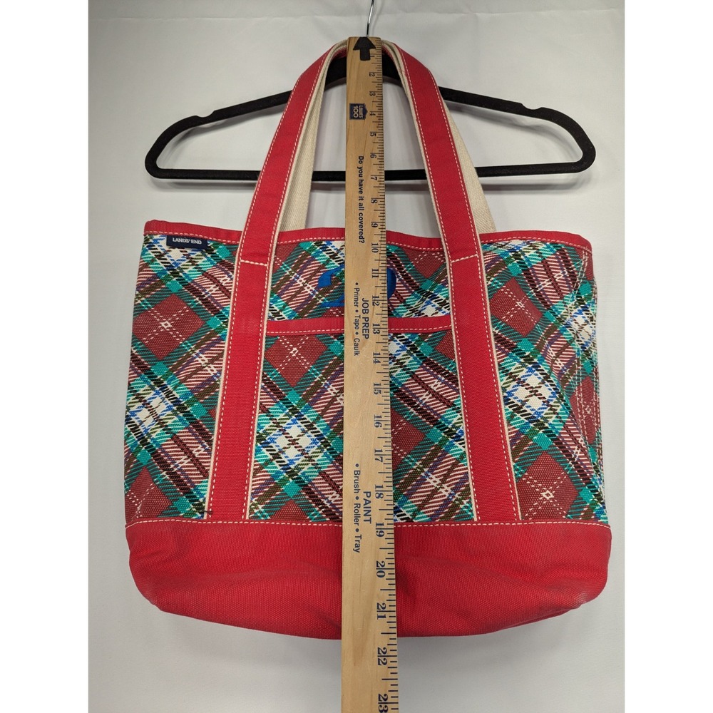 Lands End Red Plaid‎ Canvas Zipper Top Tote Bag Monogram JD Blue - Picture 7 of 10